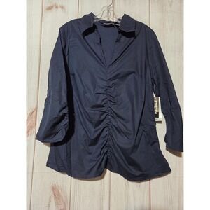 Millenium Navy Blue Ruched Front Collared Button Front Shirt Top Women's Size 14